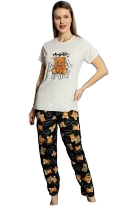 Pijama dama bumbac, tricou si pantaloni lungi, imprimeu vesel, Negru