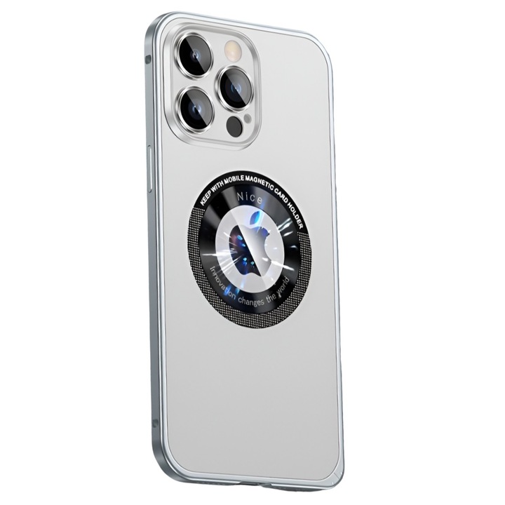Husa de Protectie MagSafe Compatibila cu iPhone 15 Pro Max, Leski, Carcasa din Metal, Incarcare Wireless, Acoperire Completa, Protectie Camera, Antisoc, Antizgariere, Antialunecare, Gri Metalizat