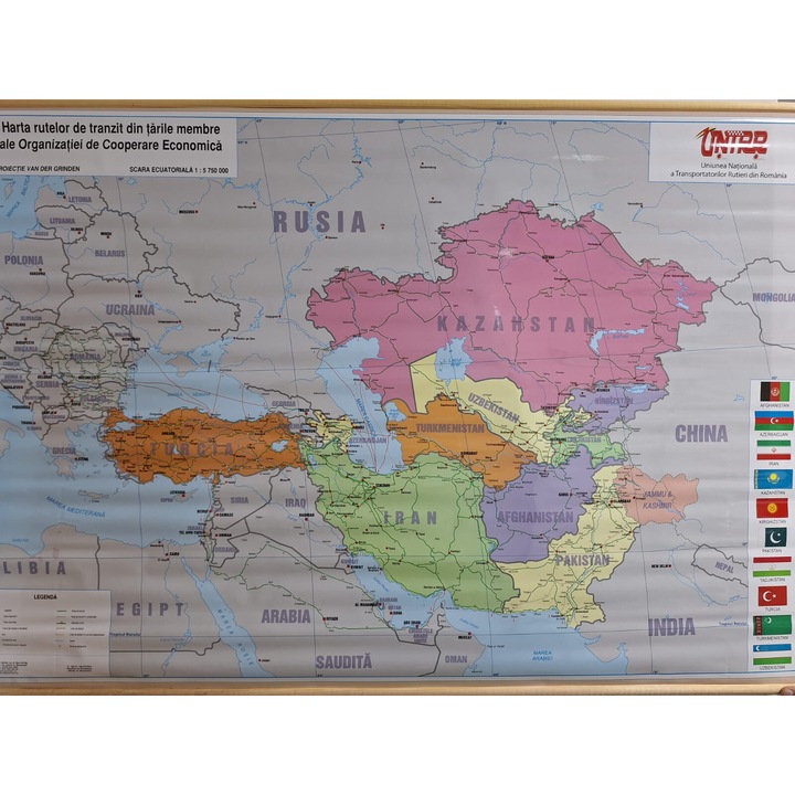 Harta de perete cu rutele de tranzit din tarile membre ale Organizatiei de Cooperare, Economica, laminata, 140x100 cm, baghete lemn