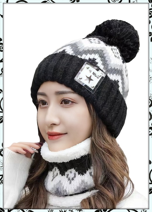 Set Caciula de Iarna, cu Esarfa, Foarte Cald, Ideal pentru Uzura Zilnica, Plimbarea Cainilor, Calatorii, Camping, Schi si Activitati de Iarna in Aer Liber, Negru/Alb