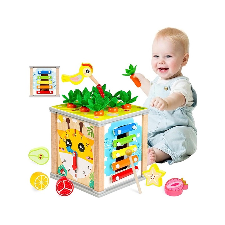 Set ferma de jucarii din lemn 6 in 1 cu activitati Montessorii, Yupy®