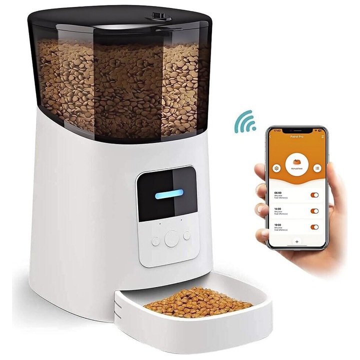 Hranitor Automat WiFi pentru Caini si Pisici, 6L, Programabil prin Aplicatie, Inregistrare Vocala 10 Secunde, Control al Portiilor, sursa alimentare dubla, Alb/Transparent