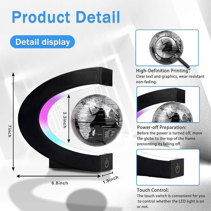 Glob pamantesc magnetic plutitor cu iluminare LED Selani, Negru