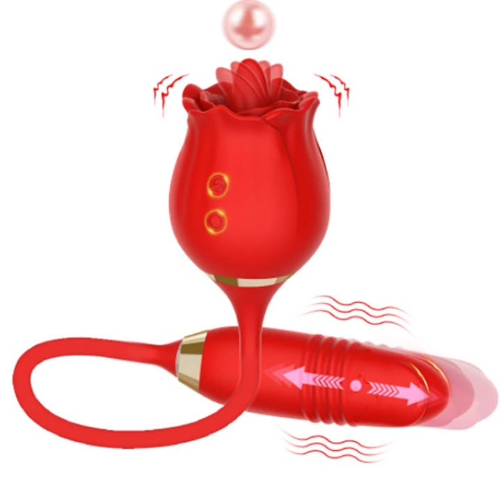 Szexuális Játék Rózsák Vibrátor és Dildó 3 az 1-ben, Női Szexuális Stimulátor, 10 Nyalási Mód + 10 Teleszkópos, Élelmiszeripari Szilikon, Piros, 11cm