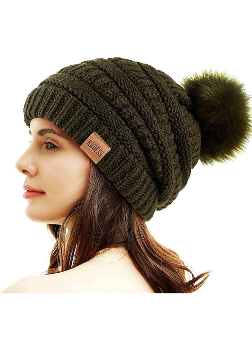 Redess téli sapka, mandzsetta dizájn, pompon, polár bélés, olivazöld, univerzális