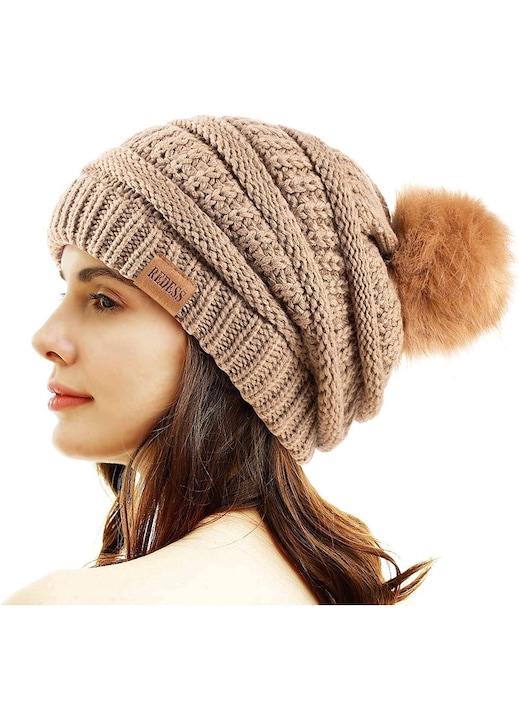 Redess téli sapka, mandzsetta design, pompon, polár bélés, khaki, univerzális