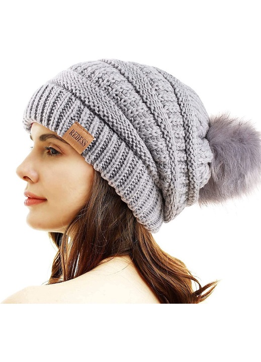 Redess téli sapka, dizájn mandzsettával, polár béléssel, pompon, szürke, univerzális