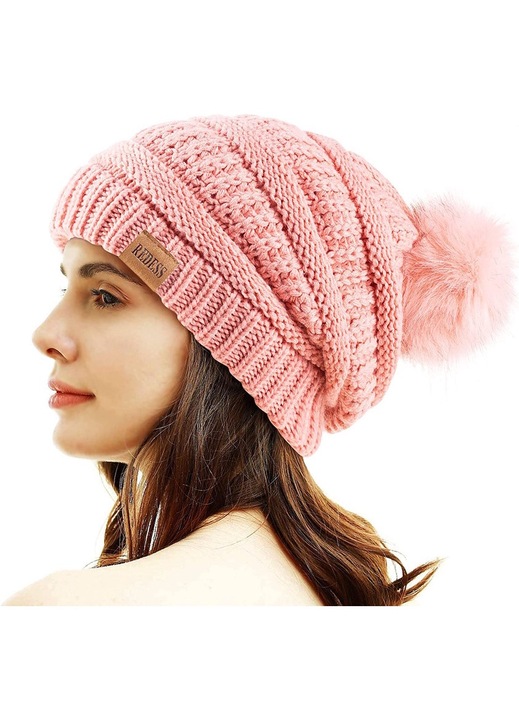 Redess téli sapka, polár bélés, pompon, rózsaszín, egy méret