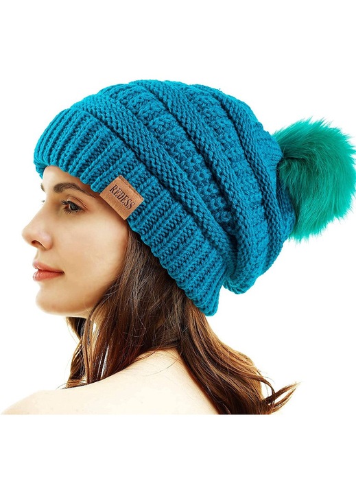 Redess téli sapka, mandzsetta kivitelben, pompon, polár bélés, zöld, univerzális