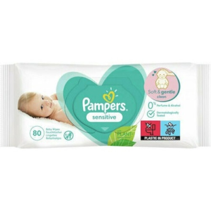Pampers Sensitive мокри бебешки кърпички, хипоалергенни, без аромат и алкохол, 80 бр.