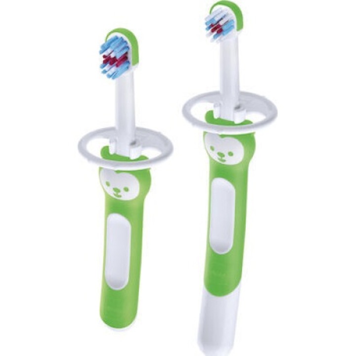 Set 2 periute de dinti pentru copii MAM Learn To Brush, cu aparatoare de siguranta, ergonomic, 5m+