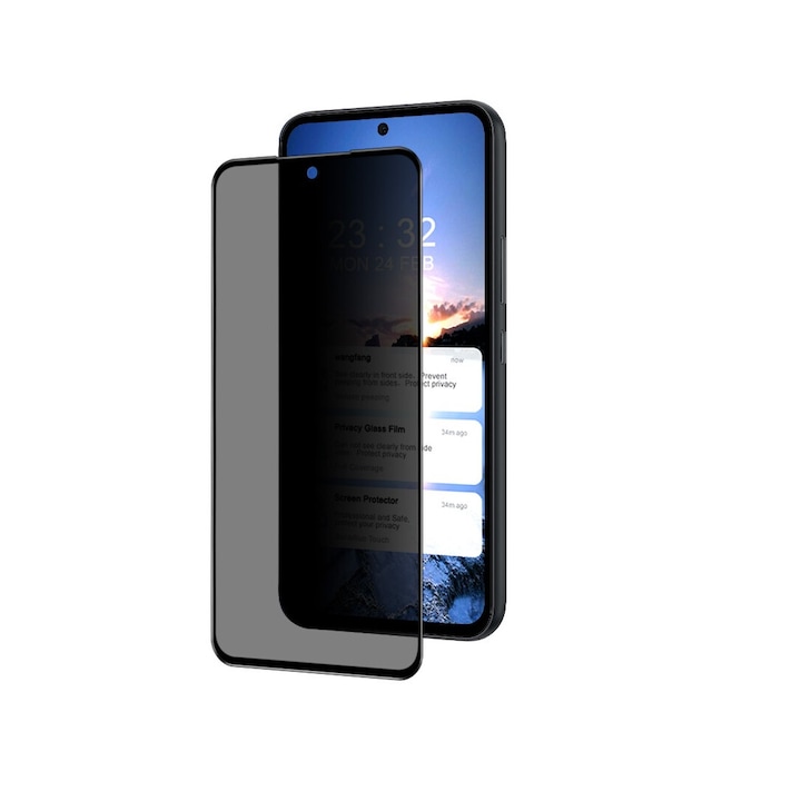Folie protectie din sticla Privacy, compatibila cu Samsung Galaxy A35, cu lipici pe tot ecranul Full Glue, Case Friendly, ISAG