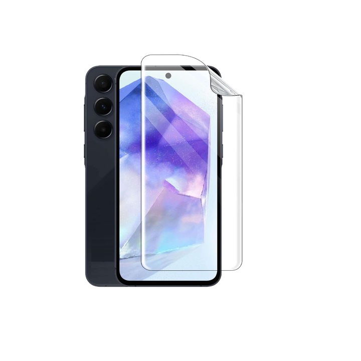 Folie de protectie ecran compatibila cu Samsung Galaxy A55 din silicon, TPU, Perfect fit, acopera tot ecranul, transparenta, ISAG