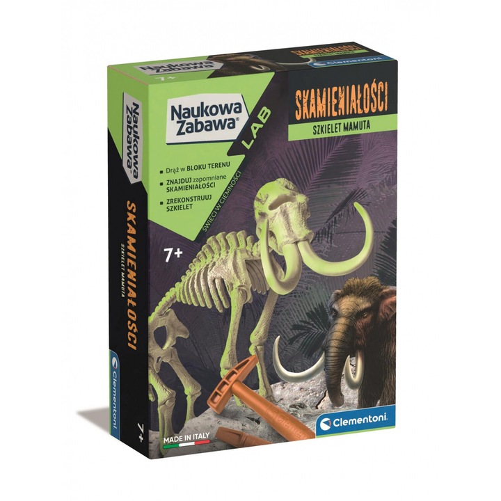 Set de sapaturi paleontologice, Clementoni, fosforescent, Mamut, cu ciocan si dalta