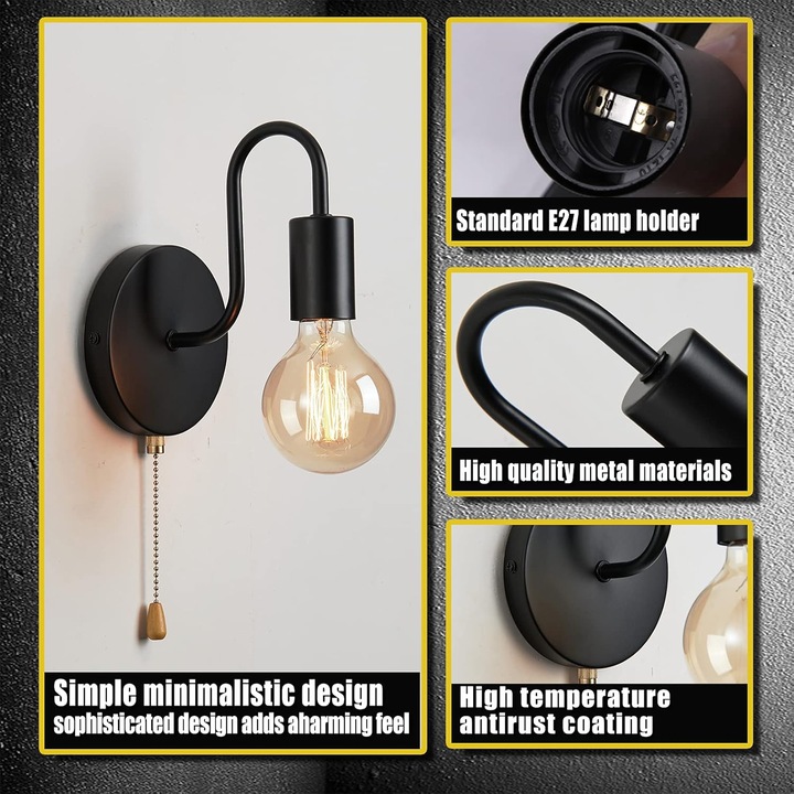 Стенна лампа Enforose винтидж, индустриална, с ключ-верижка, съвместимост с цокъл E26, 40W, за хол или спалня