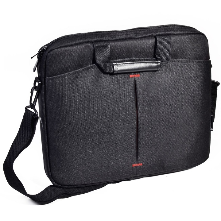 Geanta pentru laptop Shopiens®, pana la 15.6” cu husa interioara si exterioara, cu acoperire textila neagra rosie, 40 x 6.5 x 31 cm