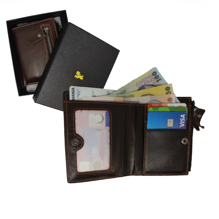 Portofel pentru barbati, Lucmark, Piele naturala, Protectie RFID, Dimensiuni12x10x2 cm, Culoare Cafea