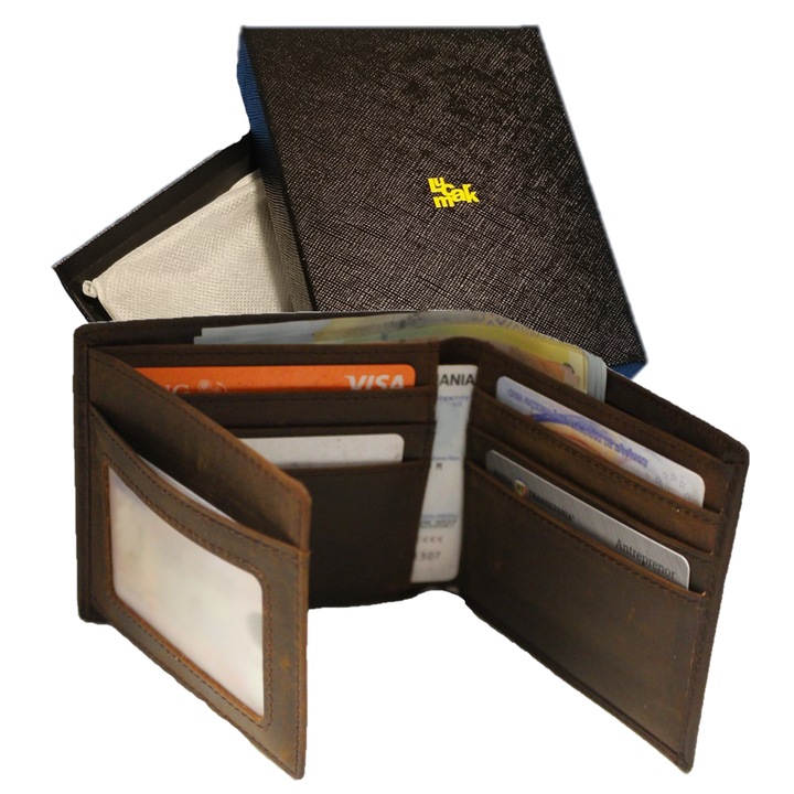 Portofel pentru barbati, Lucmark, Piele naturala, Dimensiuni 10 x 2 x 9 cm, Culoare Cafea