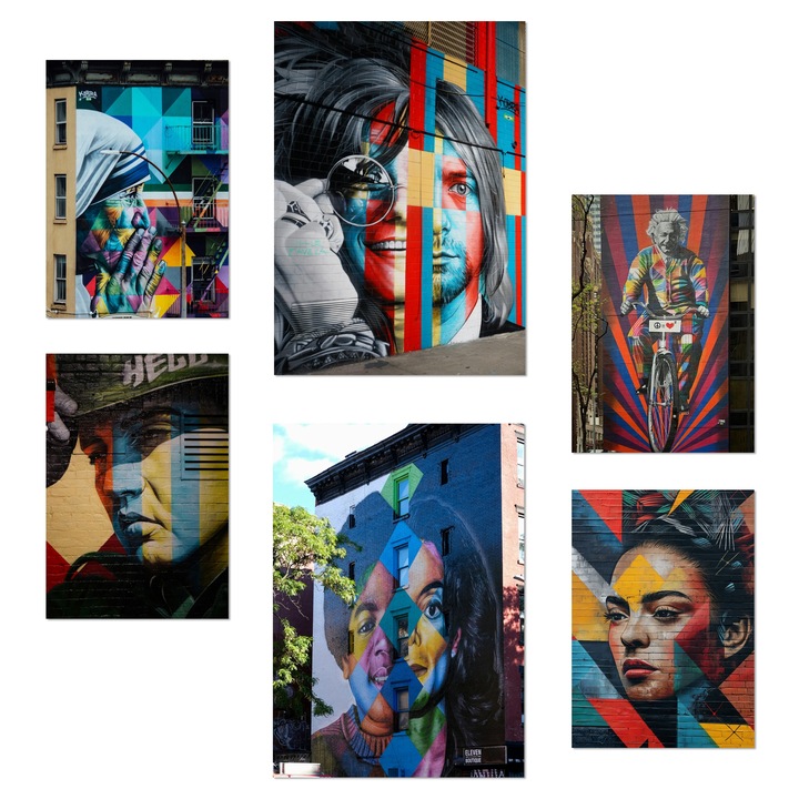 Nacnic Set de 6 postere Graffiti Street Art, Nirvana, Jopplin, Frida, Presley Ilustratie de design pentru a decora peretii casei. Magazin birou camere. Dimensiune A3 & A4. Fara rama