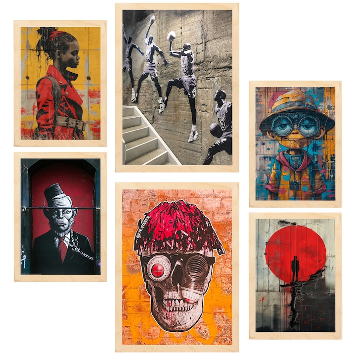 Nacnic Set de 6 postere Graffiti Street Art Plin De Culoare. Revendicare murala Printuri inramate cu ilustratie de design pentru a decora peretii casei. Camera, birou. A3 si A4 Cadru din lemn deschis