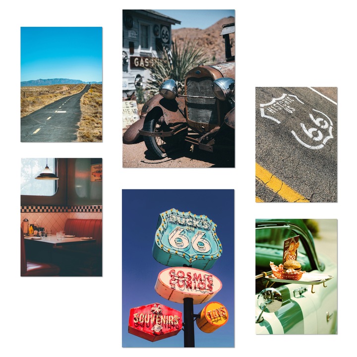 Nacnic Set de 6 postere Route 66 Statele Unite ale Americii, Postere si Cultura Ilustratie de design pentru a decora peretii casei. Magazin birou camere. Dimensiune A3 & A4. Fara rama
