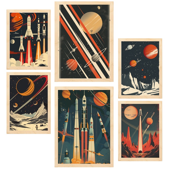 Nacnic Set de 6 postere Nava spatiala, racheta, planete Tonuri vintage de rosu si albastru Printuri inramate cu ilustratie de design pentru a decora peretii casei. Camera, birou. A3 si A4 Cadru din lemn deschis