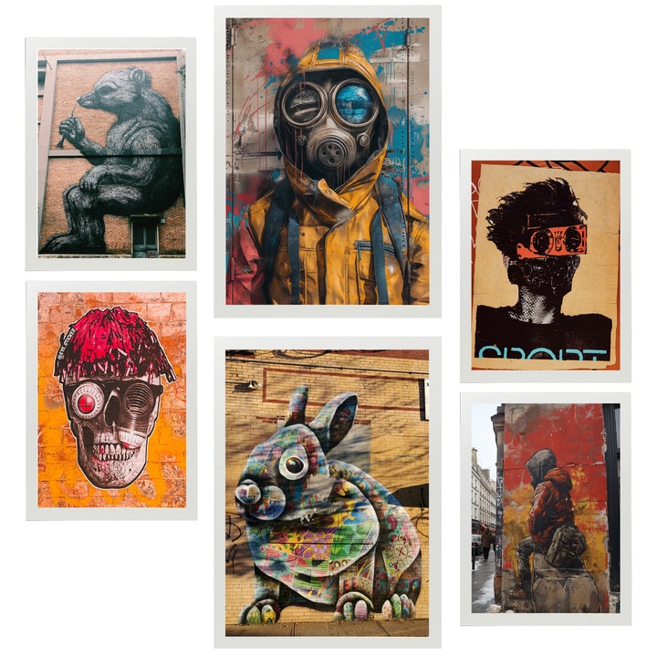Nacnic Set de 6 postere Graffiti, Street Art Tonuri maro Stil Banksy Printuri inramate cu ilustratie de design pentru a decora peretii casei. Camera, birou. A3 si A4 Rama alba