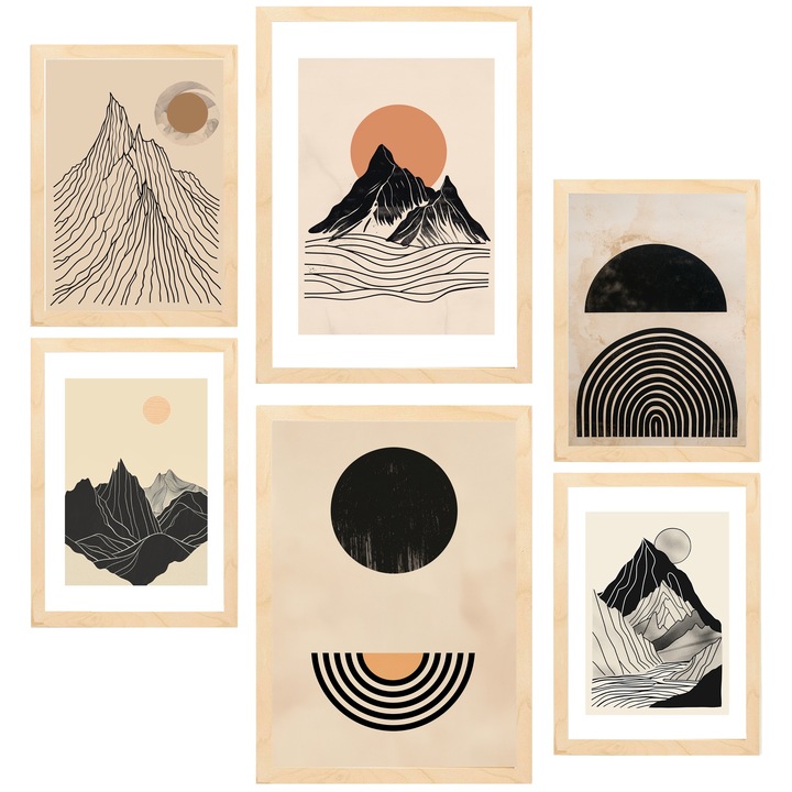 Nacnic Set de 6 postere Munti Geometrici, Tonuri Vintage Maro, Negru si Pamant Printuri inramate cu ilustratie de design pentru a decora peretii casei. Camera, birou. A3 si A4 Cadru din lemn deschis