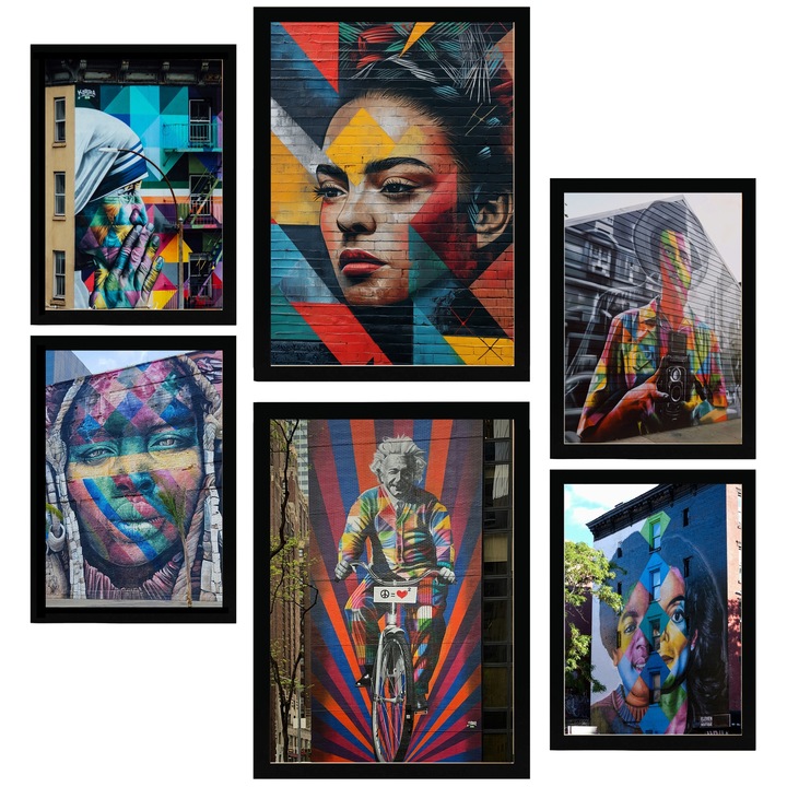 Nacnic Set de 6 postere Graffiti, arta stradala colorata. Frida, Einstein, Teresa, Jackson, Printuri inramate cu ilustratie de design pentru a decora peretii casei. Camera, birou. A3 si A4 Cadru negru