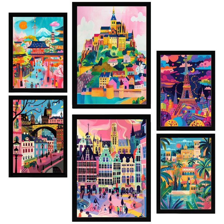 Nacnic Set de 6 postere Monumente inspirate de Mary Blair. Eiffel, Praga, Saint Michele, Alhambra, Belgia, Fushimi Inari Printuri inramate cu ilustratie de design pentru a decora peretii casei. Camera, birou. A3 si A4 Cadru negru