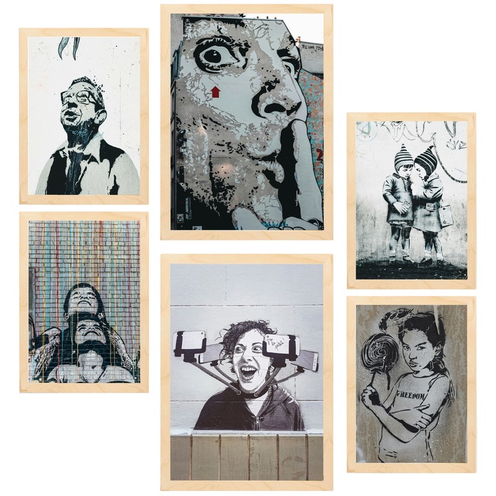 Nacnic Set de 6 postere Stencil Graffiti, Street Art Plin De Culoare. Revendicare murala Printuri inramate cu ilustratie de design pentru a decora peretii casei. Camera, birou. A3 si A4 Cadru din lemn deschis