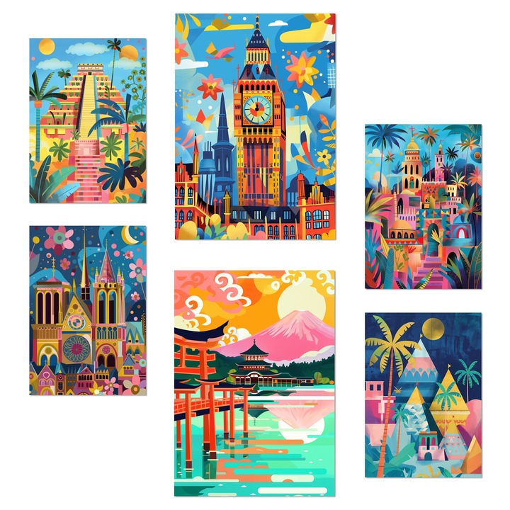 Nacnic Set de 6 postere Monumente inspirate de Mary Blair. Luxor, Big Ben, Egipt, Chichen Itza, Notre Dame, Itsukushim Ilustratie de design pentru a decora peretii casei. Magazin birou camere. Dimensiune A3 & A4. Fara rama