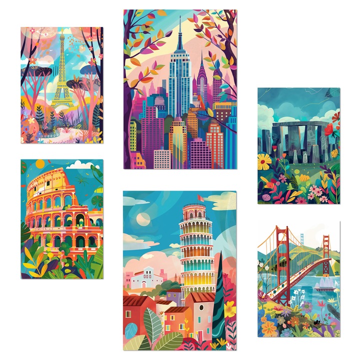Nacnic Set de 6 postere Monumente inspirate de Mary Blair. Eiffel, Colosseum, Pisa, Poarta Golgen, Stonehenge, Empire State Ilustratie de design pentru a decora peretii casei. Magazin birou camere. Dimensiune A3 & A4. Fara rama