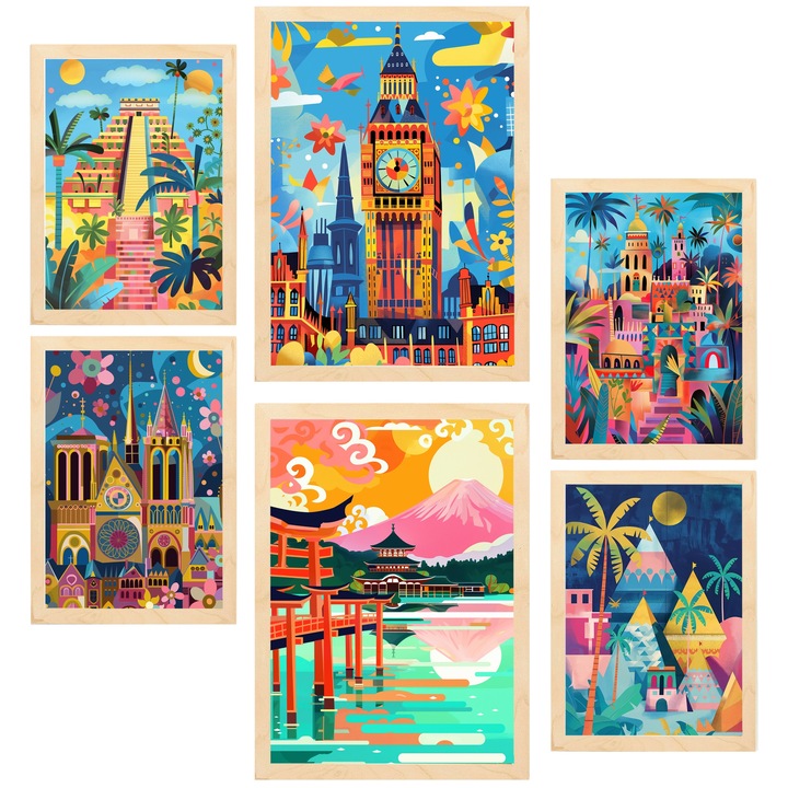 Nacnic Set de 6 postere Monumente inspirate de Mary Blair. Luxor, Big Ben, Egipt, Chichen Itza, Notre Dame, Itsukushim Printuri inramate cu ilustratie de design pentru a decora peretii casei. Camera, birou. A3 si A4 Cadru din lemn deschis