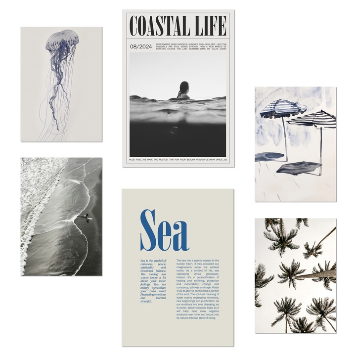 Nacnic Set de 6 postere Marina, Albastru, Mare si Vara Ilustratie de design pentru a decora peretii casei. Magazin birou camere. Dimensiune A3 & A4. Fara rama