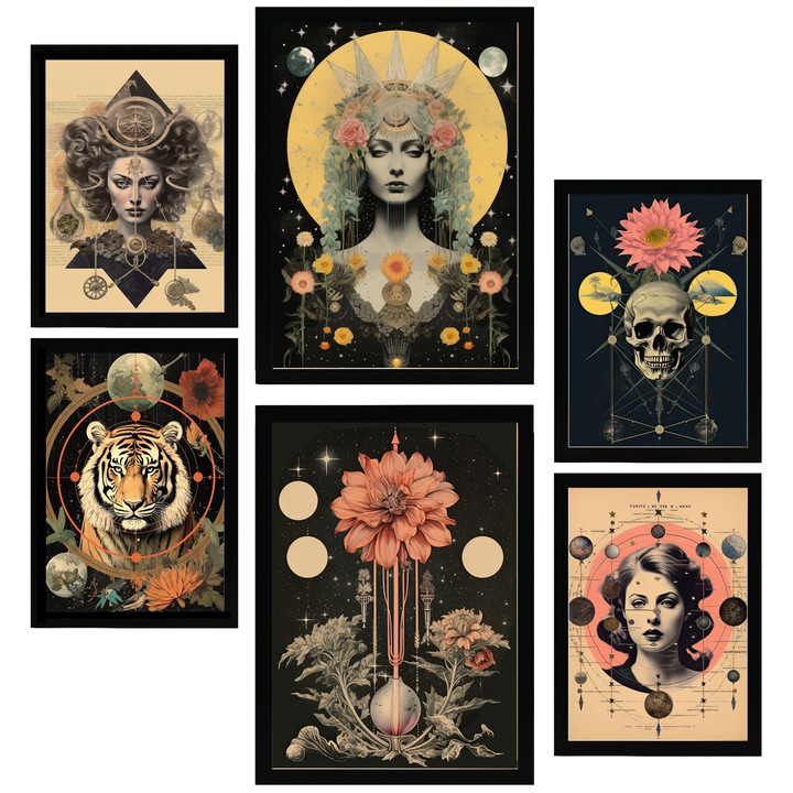 Nacnic Set de 6 postere Colaj Ilustratie suprarealista Stil Ezoteric Mistic Printuri inramate cu ilustratie de design pentru a decora peretii casei. Camera, birou. A3 si A4 Cadru negru