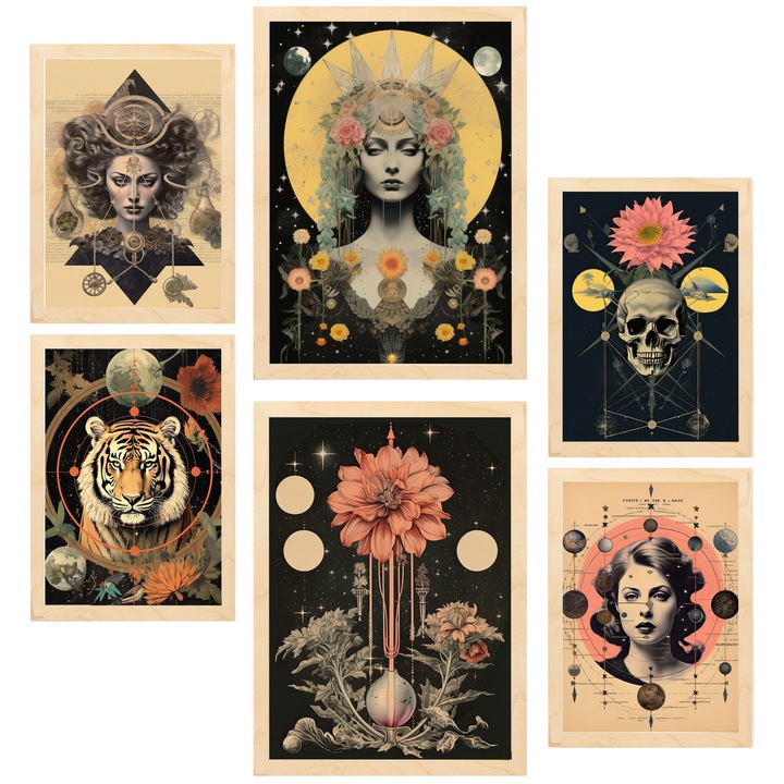 Nacnic Set de 6 postere Colaj Ilustratie suprarealista Stil Ezoteric Mistic Printuri inramate cu ilustratie de design pentru a decora peretii casei. Camera, birou. A3 si A4 Cadru din lemn deschis