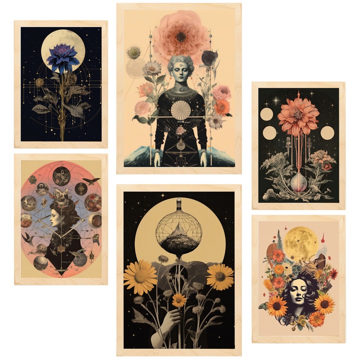 Nacnic Set de 6 postere Colaj suprarealist, stil mistic, ezoteric, pastel, tonuri Printuri inramate cu ilustratie de design pentru a decora peretii casei. Camera, birou. A3 si A4 Cadru din lemn deschis