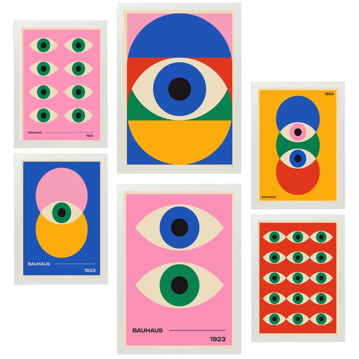 Nacnic Set de 6 postere Culorile si ochii vibrante geometrice Bauhaus Printuri inramate cu ilustratie de design pentru a decora peretii casei. Camera, birou. A3 si A4 Rama alba
