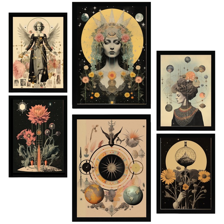Nacnic Set de 6 postere Colaj suprarealist Stil ezoteric mistic Printuri inramate cu ilustratie de design pentru a decora peretii casei. Camera, birou. A3 si A4 Cadru negru