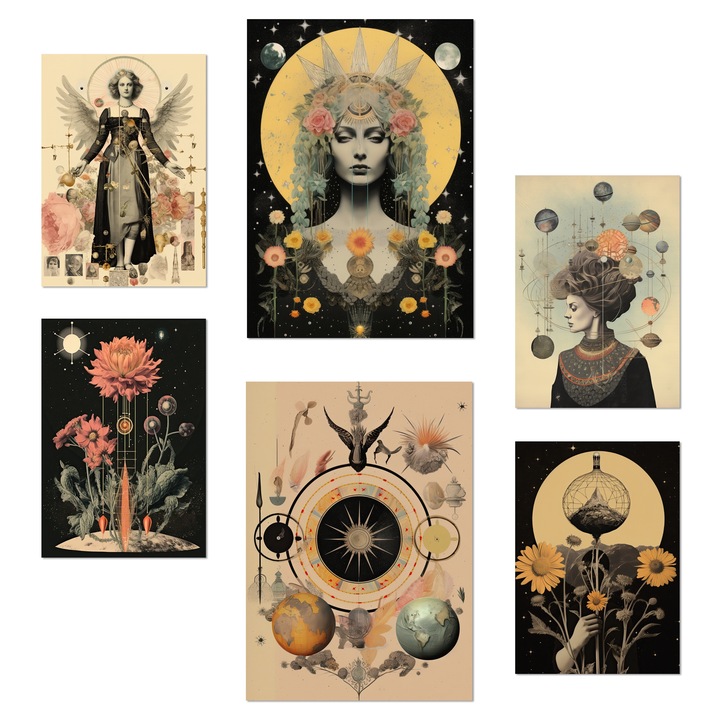 Nacnic Set de 6 postere Colaj suprarealist Stil ezoteric mistic Ilustratie de design pentru a decora peretii casei. Magazin birou camere. Dimensiune A3 & A4. Fara rama