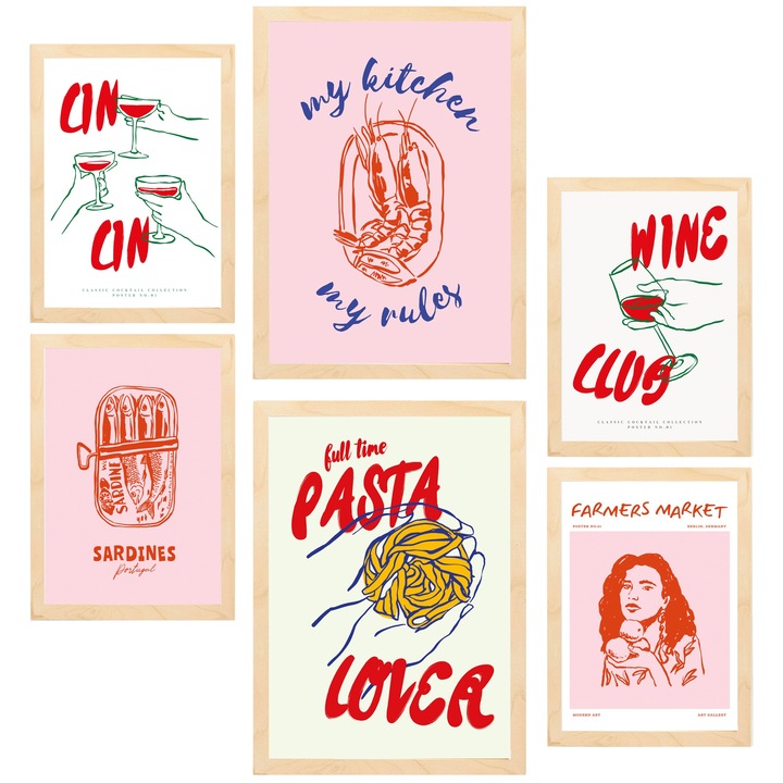 Nacnic Set de 6 postere Ilustratii de mancare si mancare in stil pop art in tonuri roz Printuri inramate cu ilustratie de design pentru a decora peretii casei. Camera, birou. A3 si A4 Cadru din lemn deschis