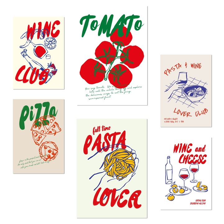 Nacnic Set de 6 postere Ilustratii alimentare si paste si pizza in stil pop art Ilustratie de design pentru a decora peretii casei. Magazin birou camere. Dimensiune A3 & A4. Fara rama