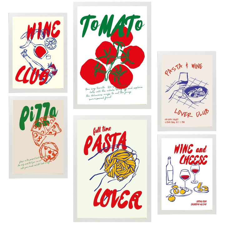 Nacnic Set de 6 postere Ilustratii alimentare si paste si pizza in stil pop art Printuri inramate cu ilustratie de design pentru a decora peretii casei. Camera, birou. A3 si A4 Rama alba