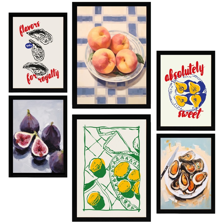 Nacnic Set de 6 postere Ilustratii ale alimentelor si alimentelor mediteraneene Printuri inramate cu ilustratie de design pentru a decora peretii casei. Camera, birou. A3 si A4 Cadru negru