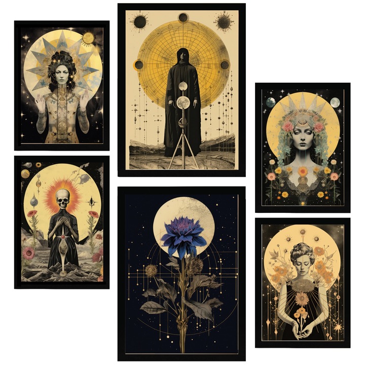 Nacnic Set de 6 postere Colaj suprarealist Stil stelar ezoteric mistic Printuri inramate cu ilustratie de design pentru a decora peretii casei. Camera, birou. A3 si A4 Cadru negru