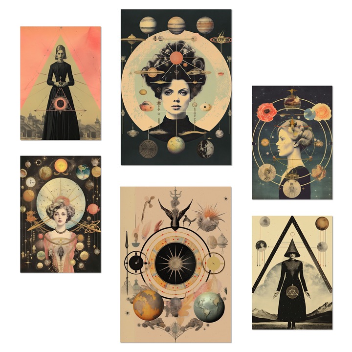 Nacnic Set de 6 postere Colaj suprarealist bej si negru stil mistic ezoteric Ilustratie de design pentru a decora peretii casei. Magazin birou camere. Dimensiune A3 & A4. Fara rama