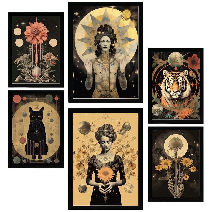 Nacnic Set de 6 postere Colaj suprarealist Feminin Stil Ezoteric Mistic Printuri inramate cu ilustratie de design pentru a decora peretii casei. Camera, birou. A3 si A4 Cadru negru