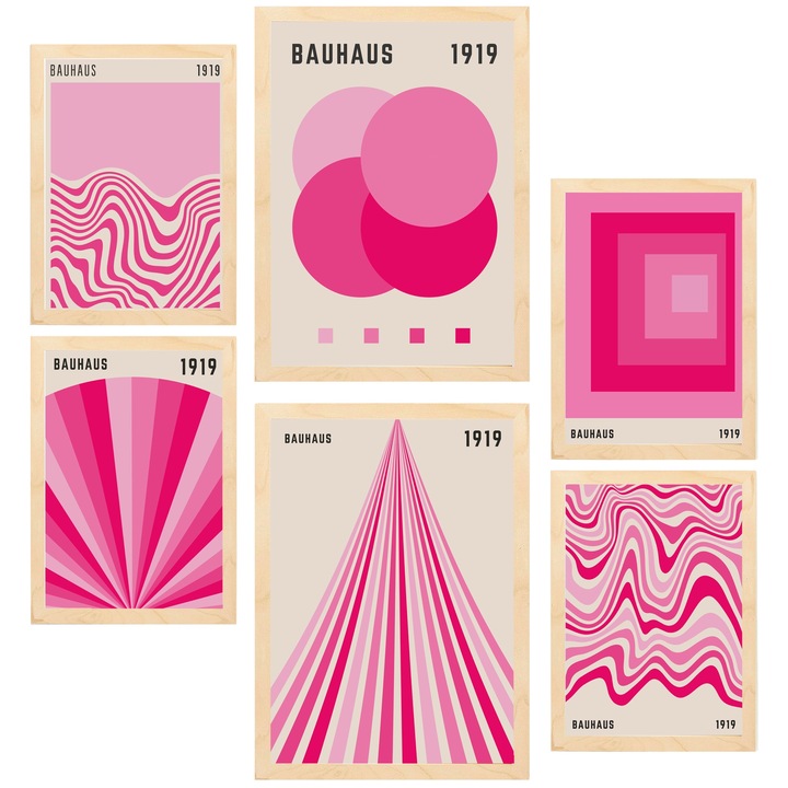 Nacnic Set de 6 postere Geometric Bauhaus Culori Vibrante Roz Fuchsia Printuri inramate cu ilustratie de design pentru a decora peretii casei. Camera, birou. A3 si A4 Cadru din lemn deschis