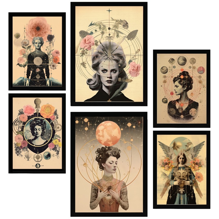 Nacnic Set de 6 postere Colaj floral suprarealist Stil ezoteric mistic Printuri inramate cu ilustratie de design pentru a decora peretii casei. Camera, birou. A3 si A4 Cadru negru